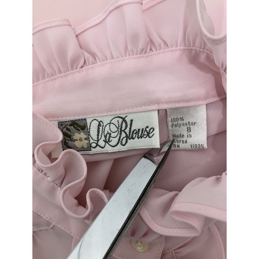 VTG La Blouse 80s Pink Button Up Ruffled Short Sleeve Women's Small Coquette - Picture 9 of 11